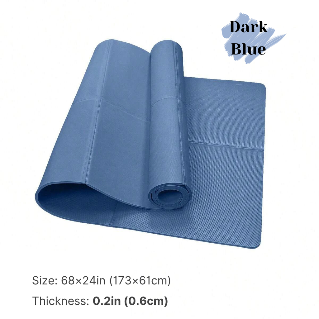 Dark blue mat rolled up on a white background with size and thickness information.