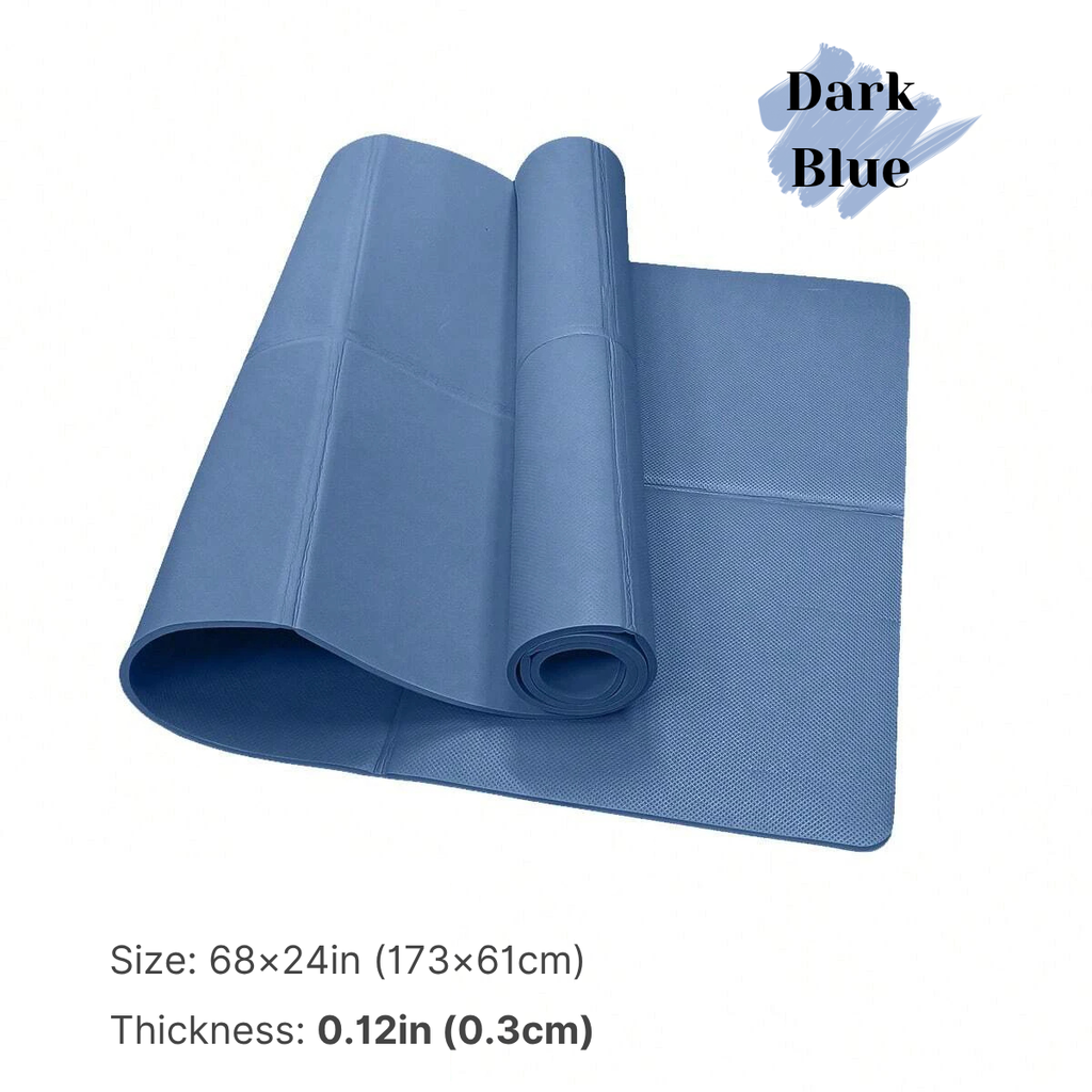 Dark blue mat rolled up on a white background with size and thickness information.