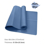 Dark blue mat rolled up on a white background with size and thickness information.