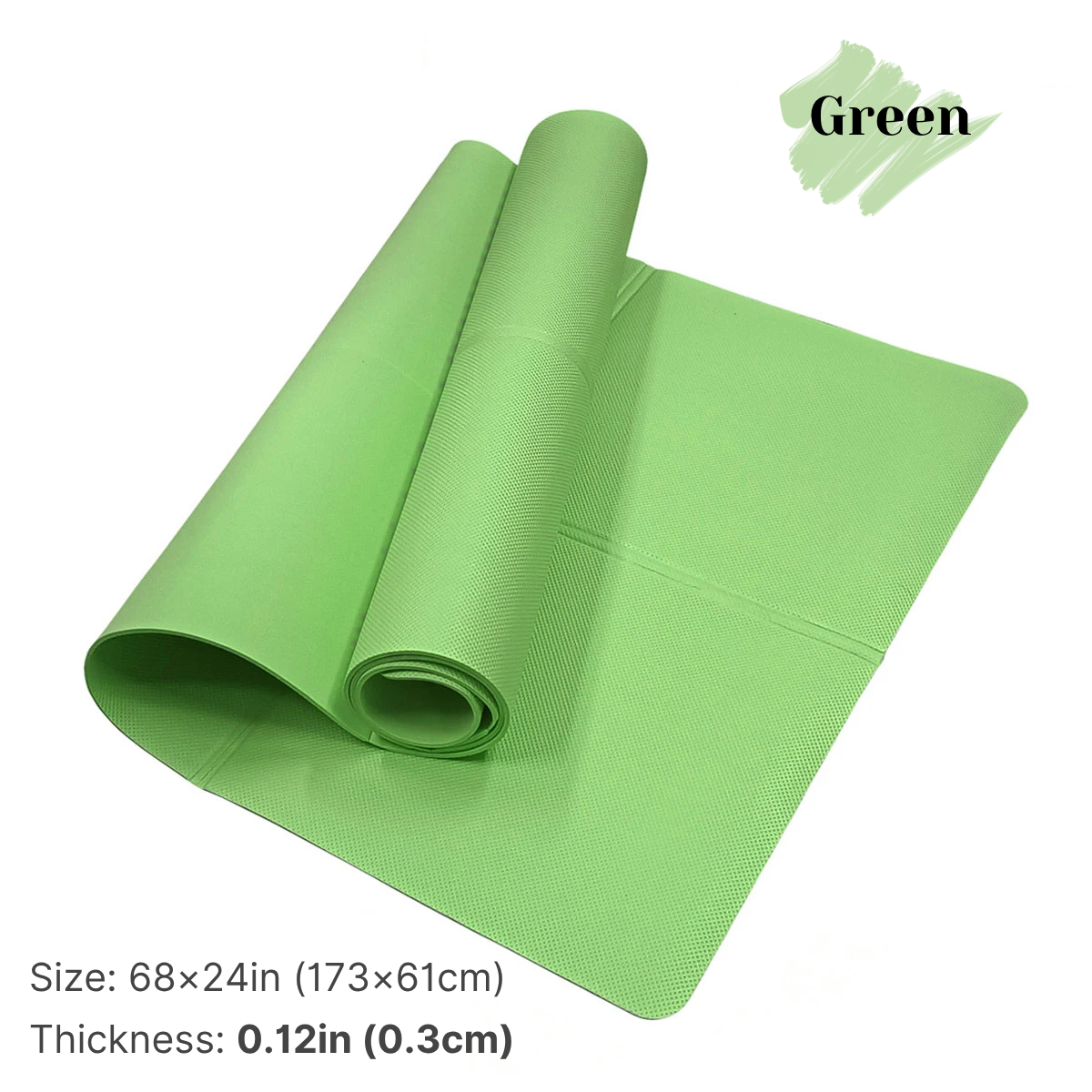 Green yoga mat rolled up on a white background with size and thickness information.