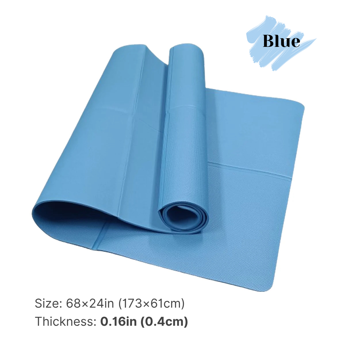 Rolled-up blue yoga mat with size and thickness information on a white background