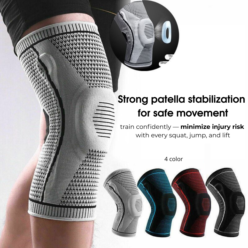 Knee brace with text highlighting patella stabilization and injury risk reduction, shown on a person wearing a black shirt.