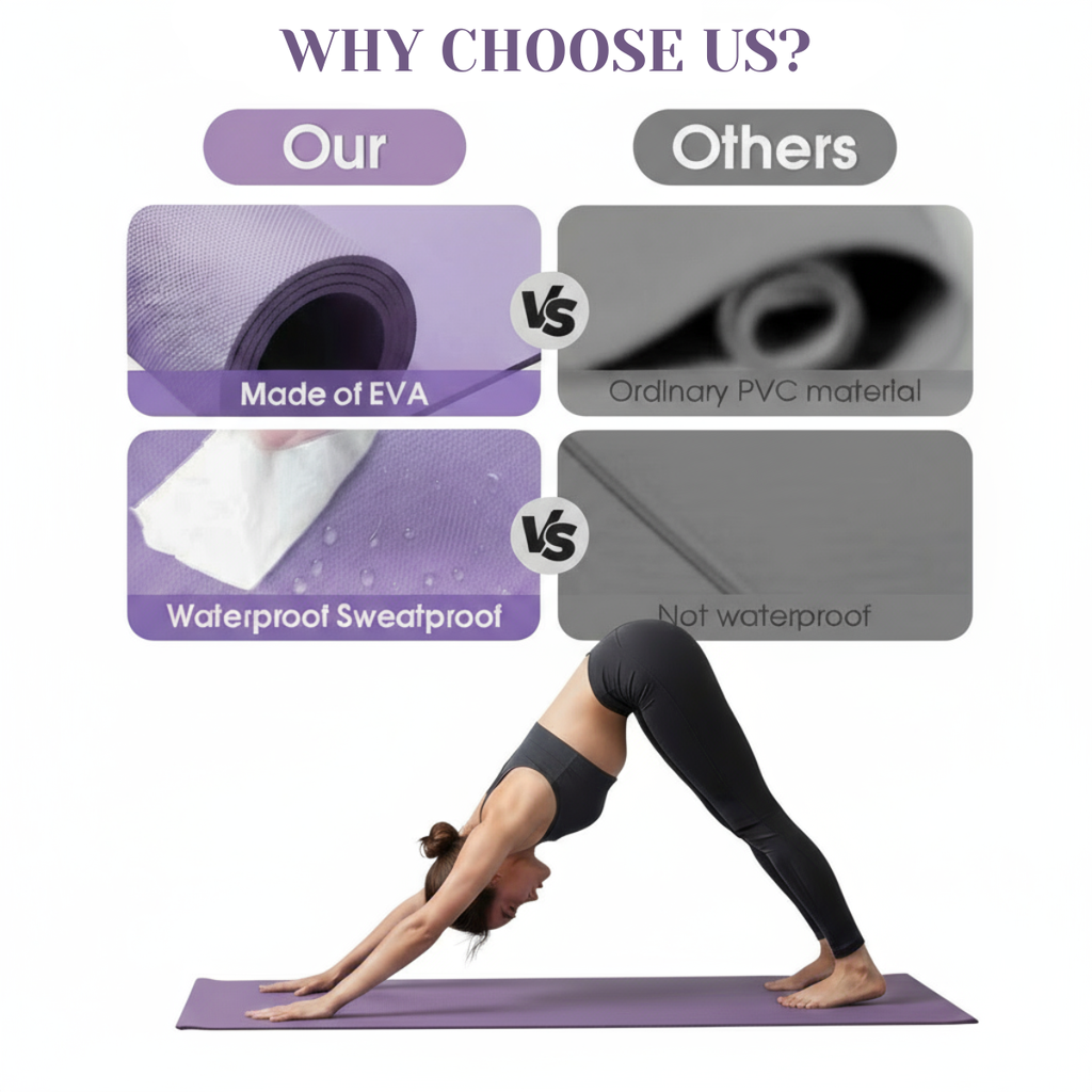 Comparison of EVA vs PVC yoga mats with a person on a purple mat.