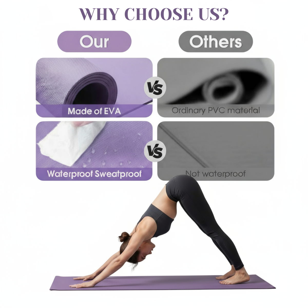 Comparison of EVA vs PVC yoga mats with a person on a purple mat.