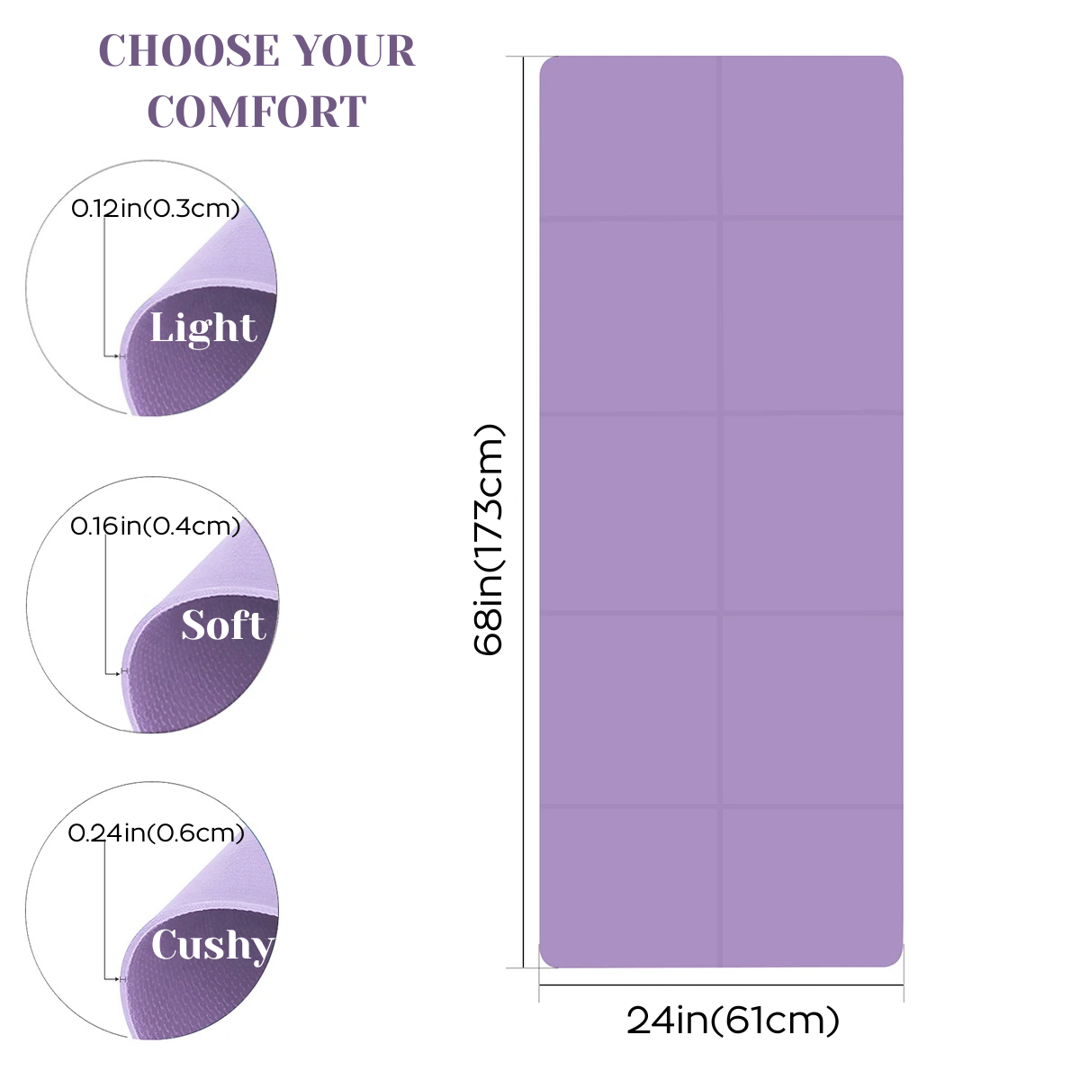 Purple mat with comfort levels labeled and dimensions on a white background