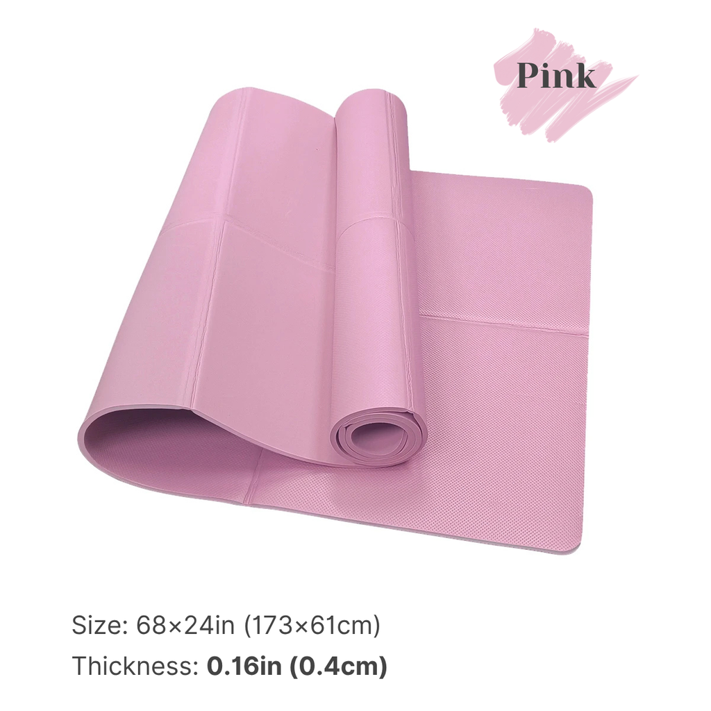 Pink yoga mat rolled up on a white background with size and thickness information.