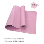 Pink yoga mat rolled up on a white background with size and thickness information.