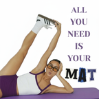 Woman stretching on a purple mat with text 'ALL YOU NEED IS YOUR MAT' on a white background