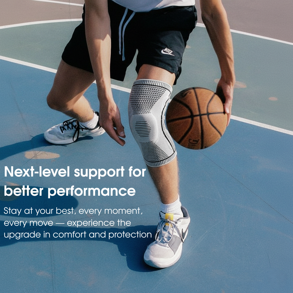 Person playing basketball wearing a knee brace on a court with promotional text.