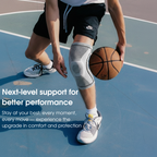 Person playing basketball wearing a knee brace on a court with promotional text.