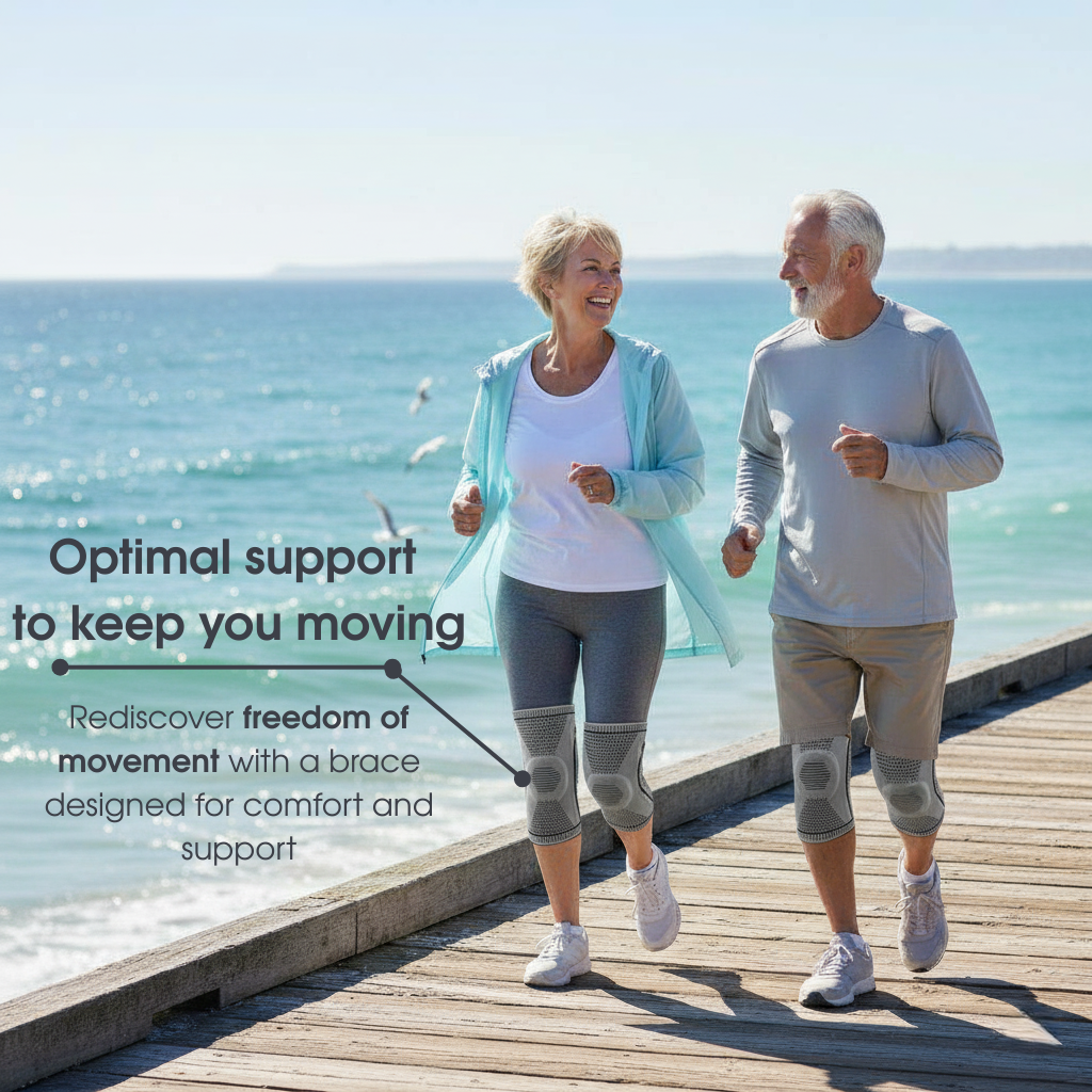 Two people walking on a wooden pier by the ocean with text about brace support.