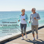 Two people walking on a wooden pier by the ocean with text about brace support.
