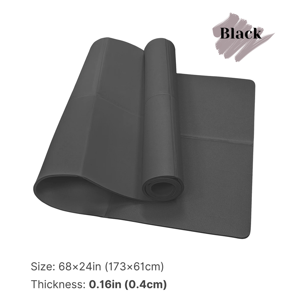 Black mat rolled out on a white background with size and thickness information.