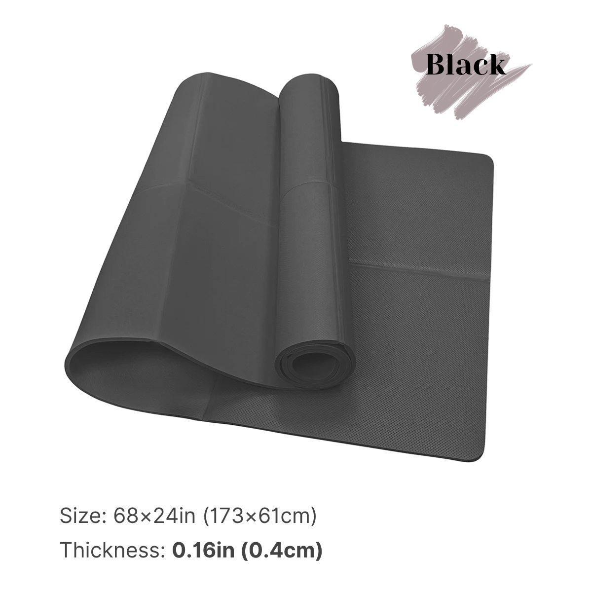 Black mat rolled out on a white background with size and thickness information.