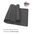 Black mat rolled out on a white background with size and thickness information.