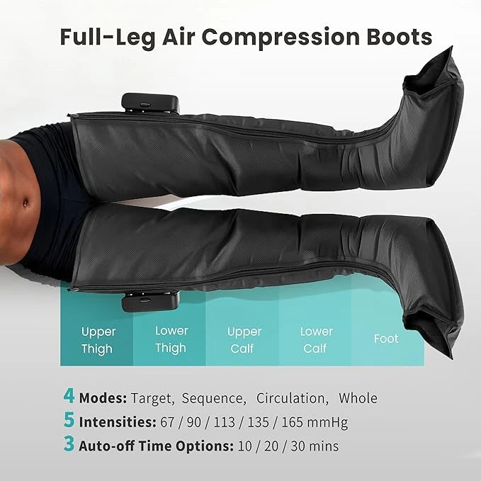 Black full-leg air compression boots with labeled parts and feature details on a gray background