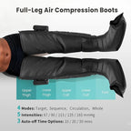 Black full-leg air compression boots with labeled parts and feature details on a gray background