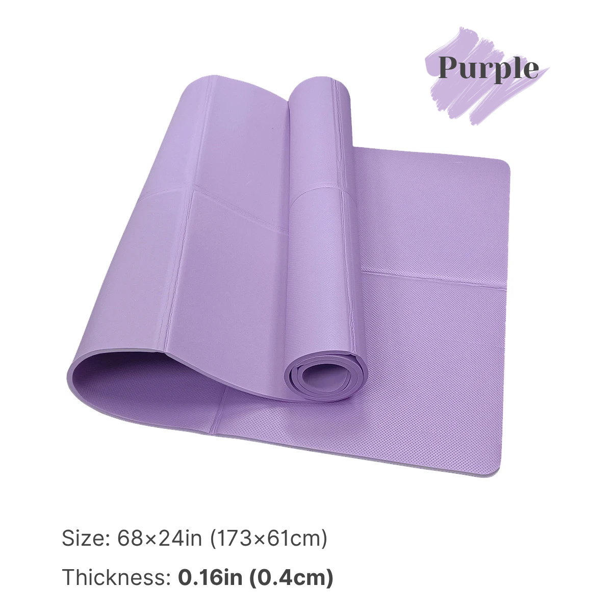 Purple yoga mat rolled up on a white background