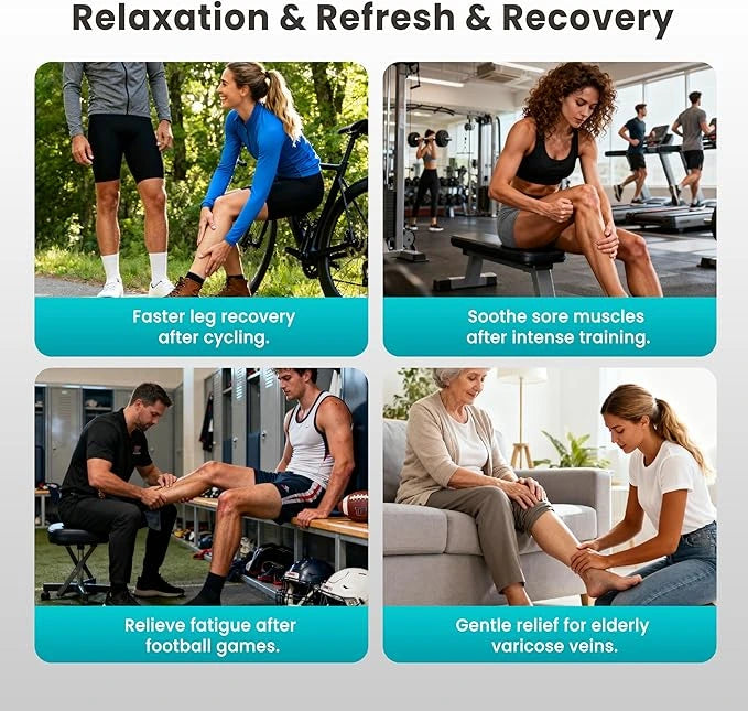 Promotional graphic for relaxation and recovery products with people in various settings.