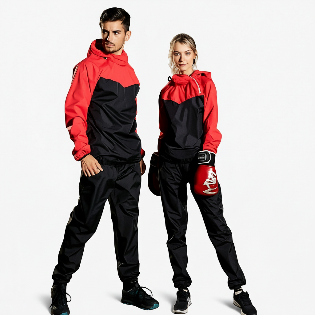 Two people wearing red and black outfits on a white background