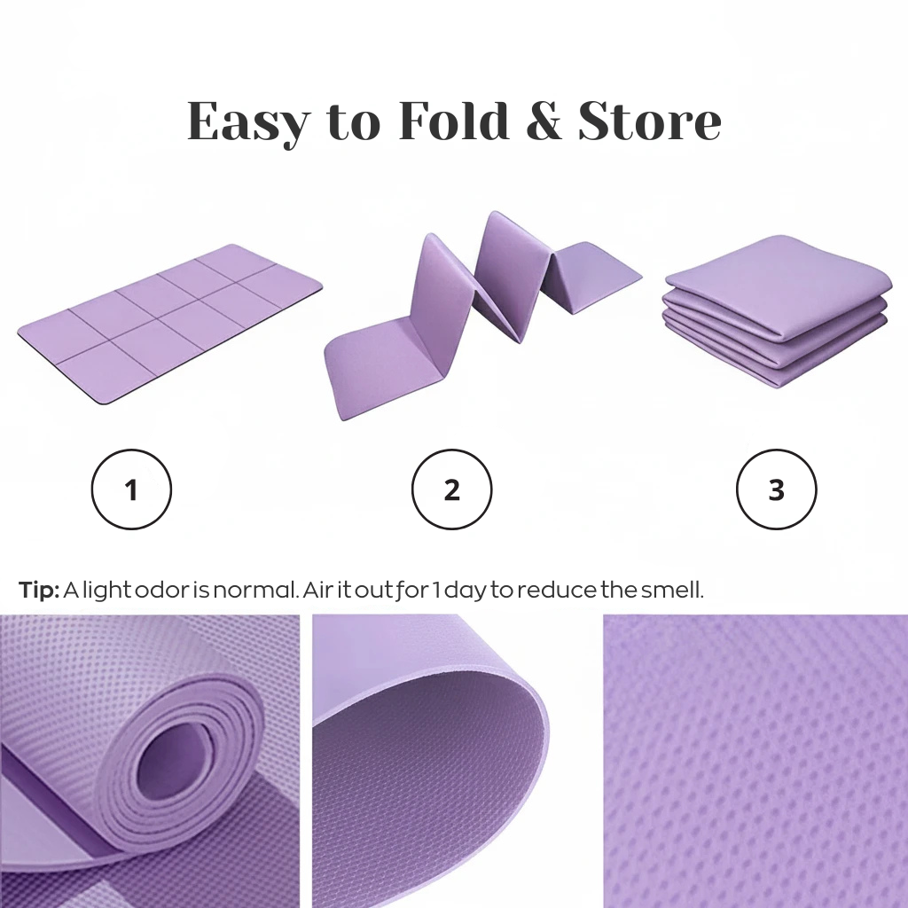 Purple yoga mat being folded and stored with text on an off-white background