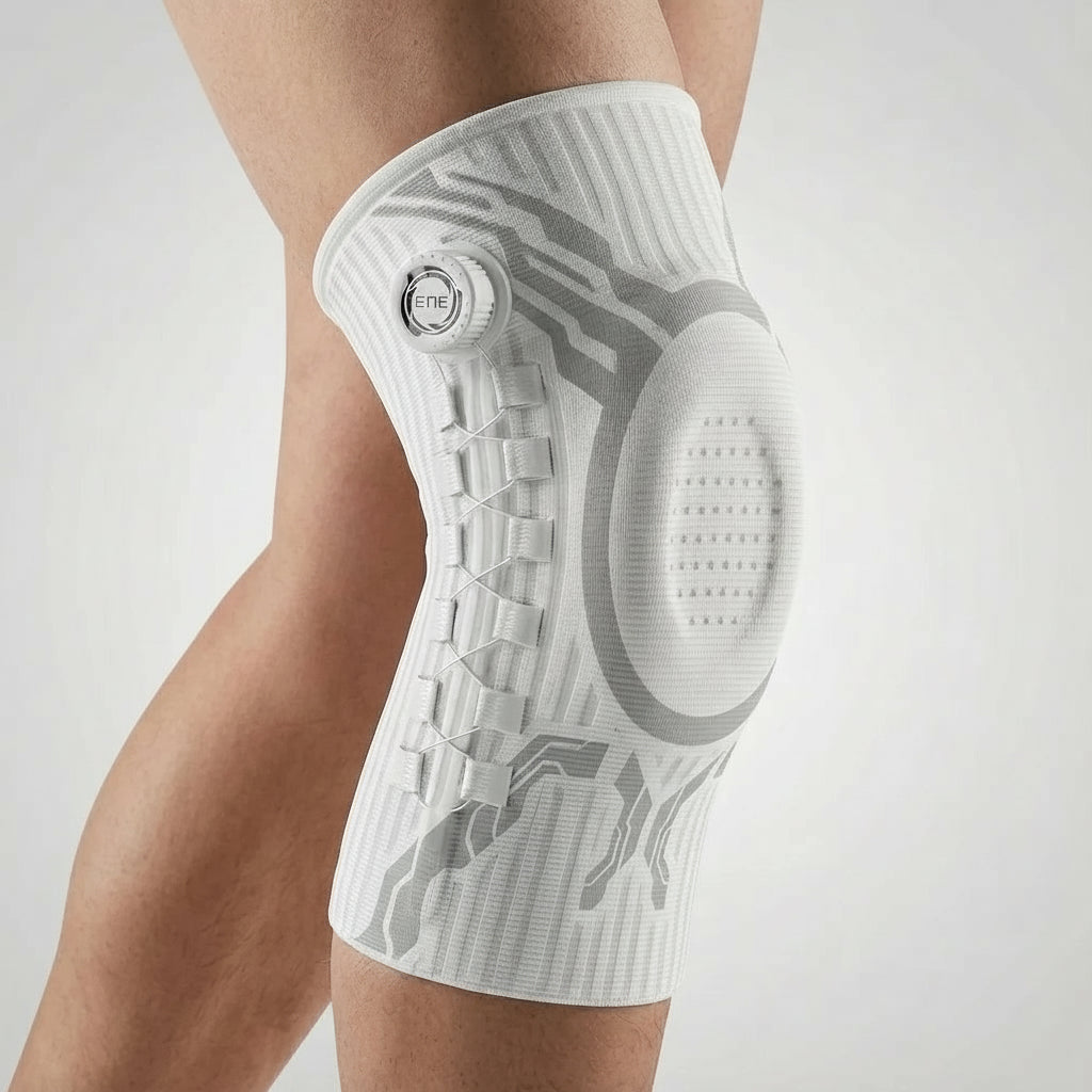 White knee brace with geometric pattern on a gray background