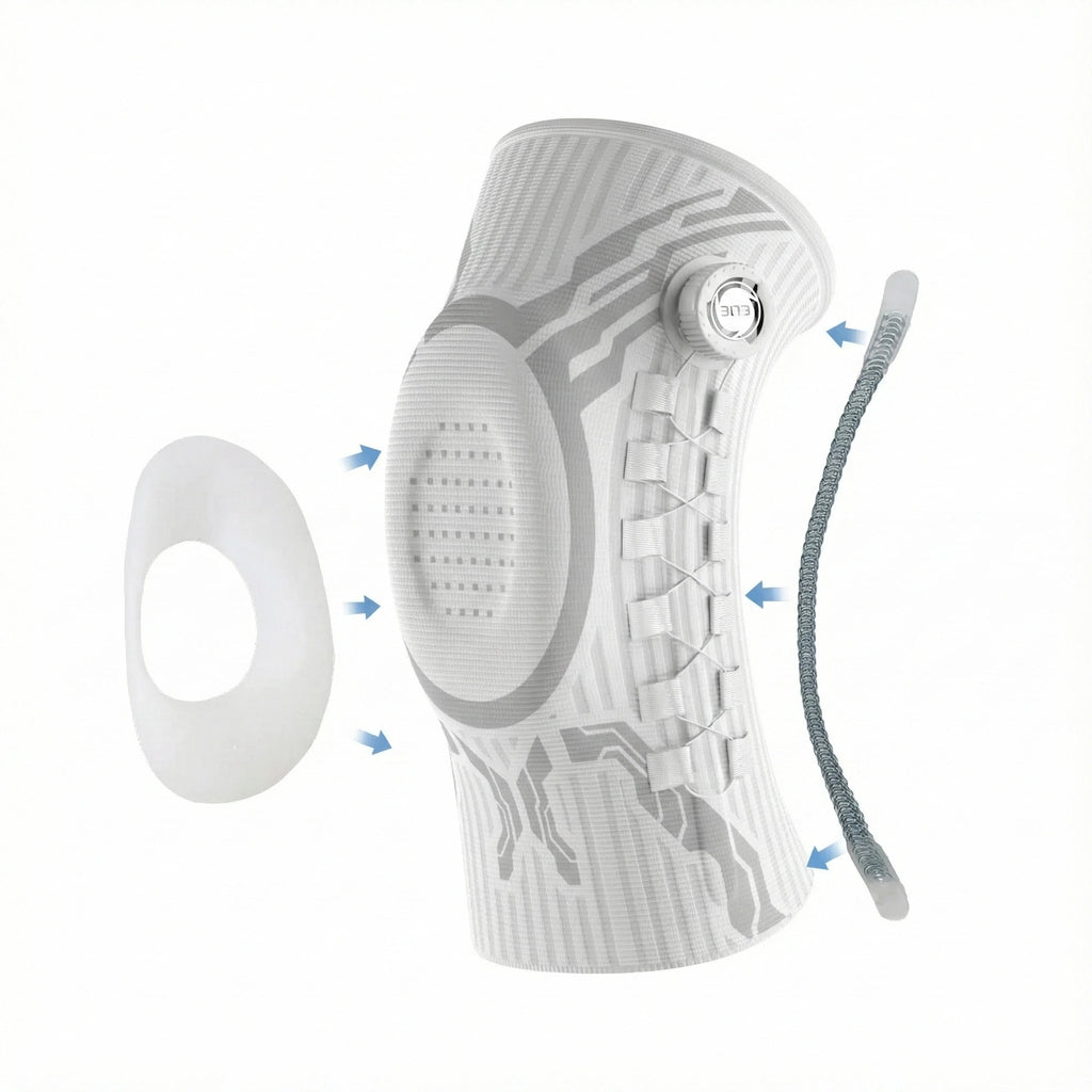 White knee brace with gray accents on a white background