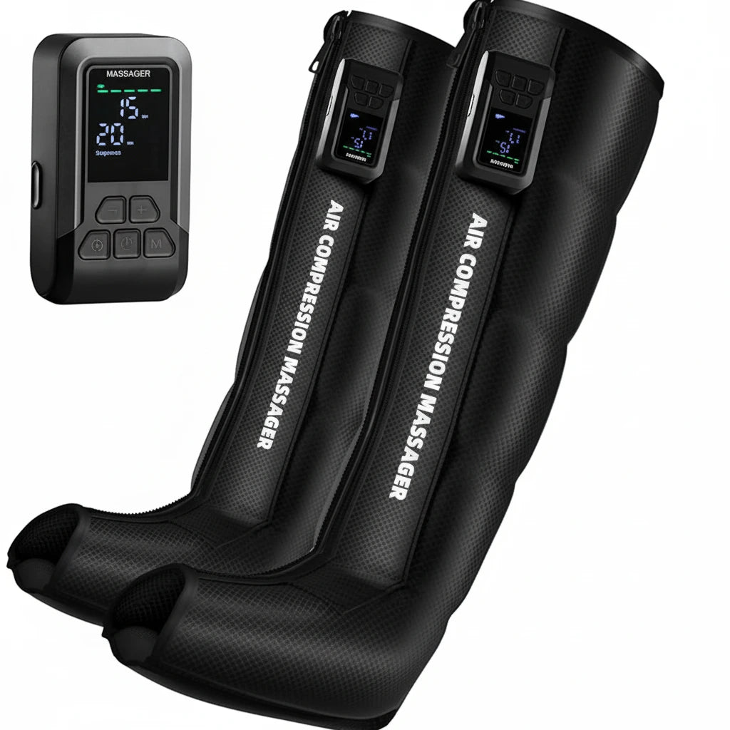 Black air compression massager with digital controller on a white background