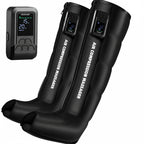 Black air compression massager with digital controller on a white background