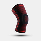 Black knee brace with red accents on a light gray background