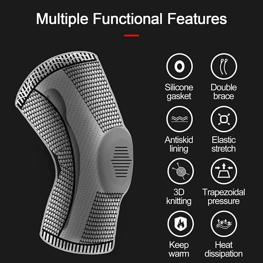 Knee brace with text highlighting multiple functional features on a black background