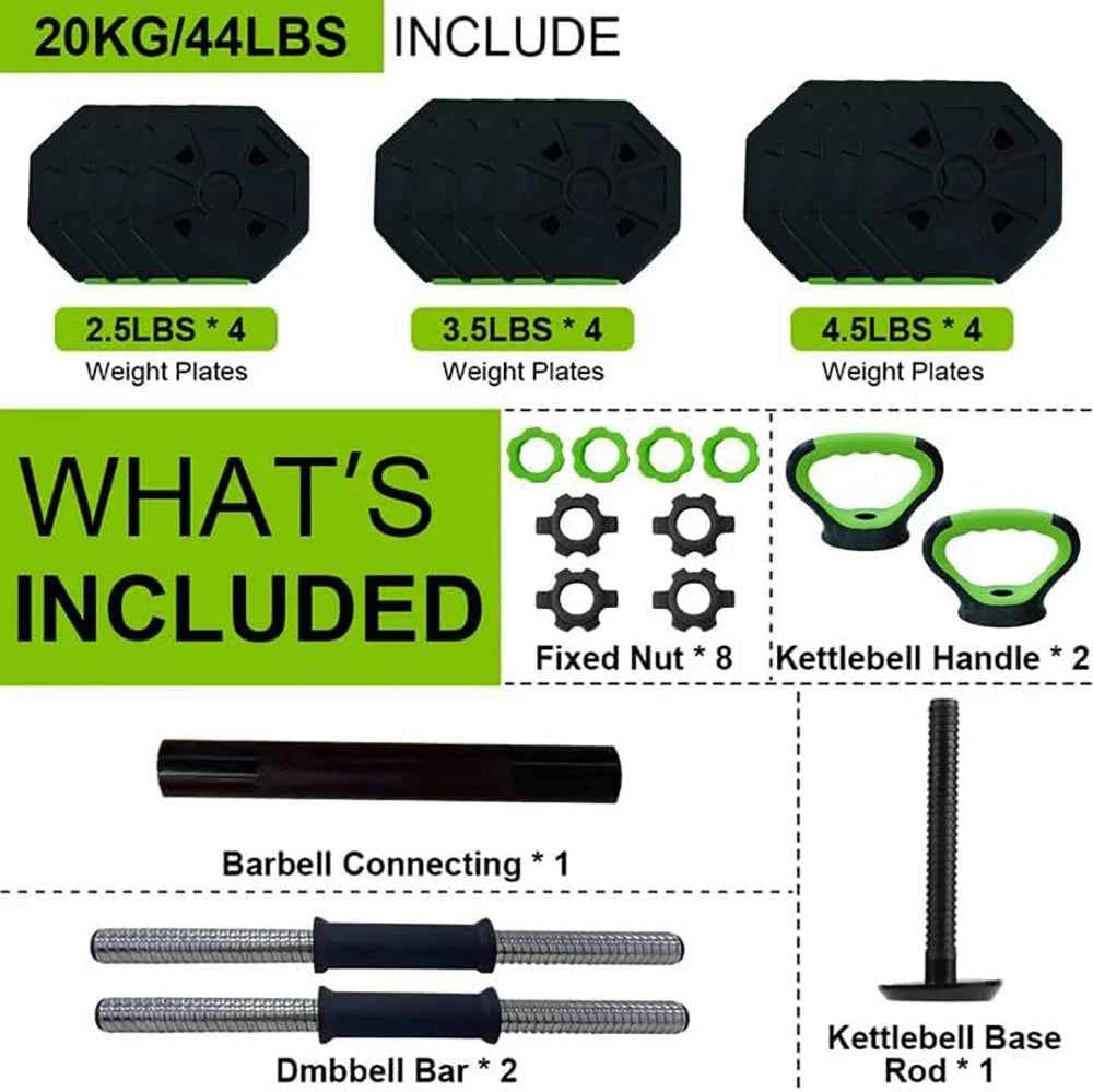 4-in-1 Adjustable Dumbbell Set: 44LB Weight Kit Converts to Barbell & Kettlebell