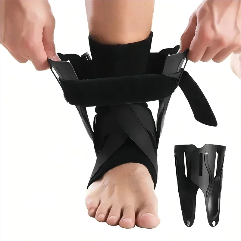 Person wearing a black ankle support brace with additional straps on a white background