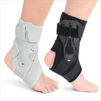 Ankle brace on a person's foot with a white background