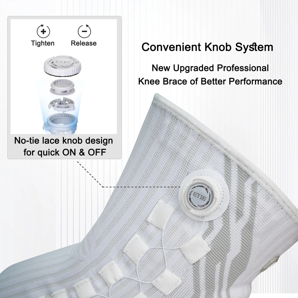 Knee brace with knob system labeled 'Tighten' and 'Release' on a white background