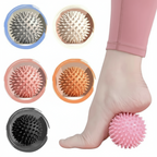Spiky foot massager ball with a person using it on their foot, surrounded by different colored massager balls.